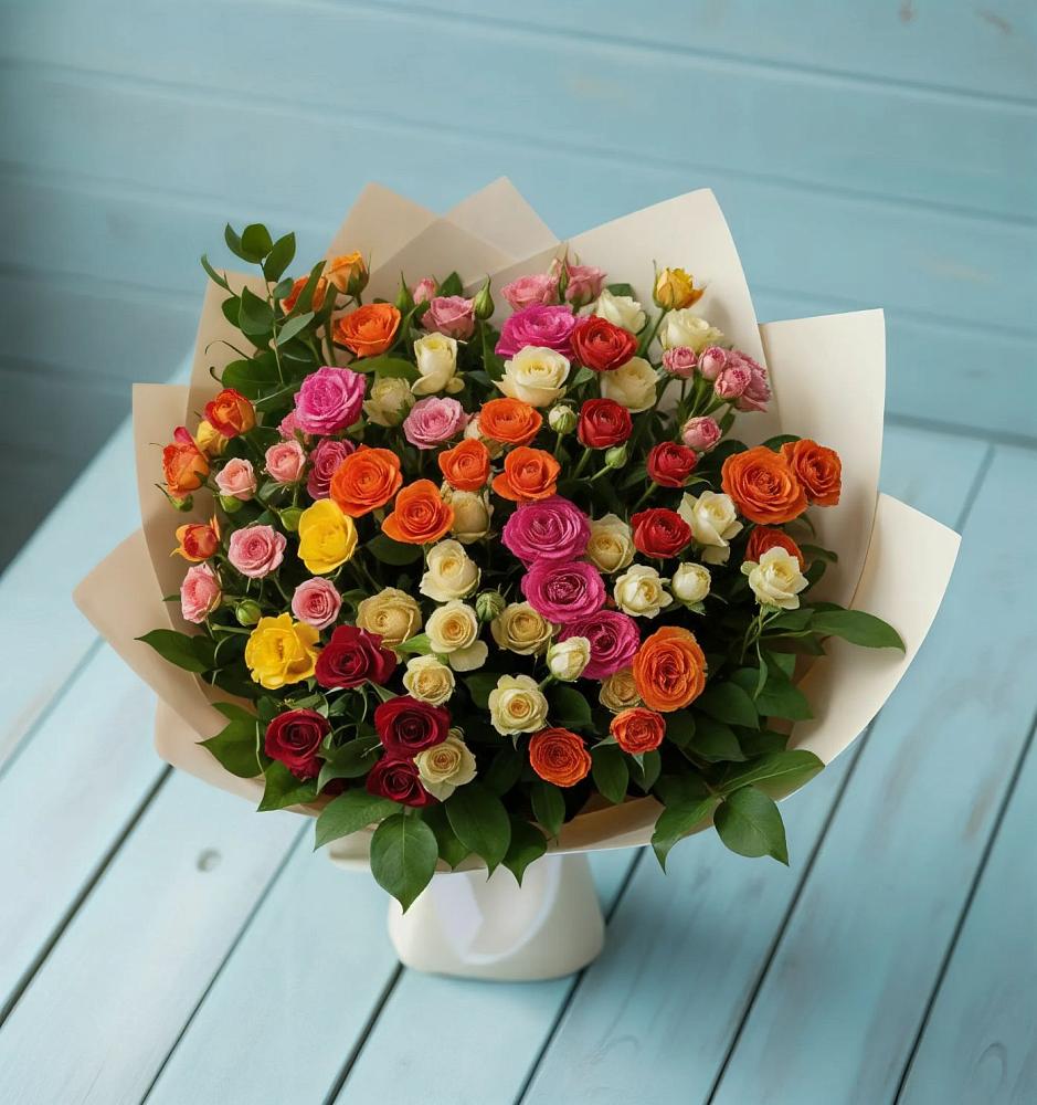 Букет Микс из разноцветных кустовых роз в Посёлок санатория «Подмосковье»
