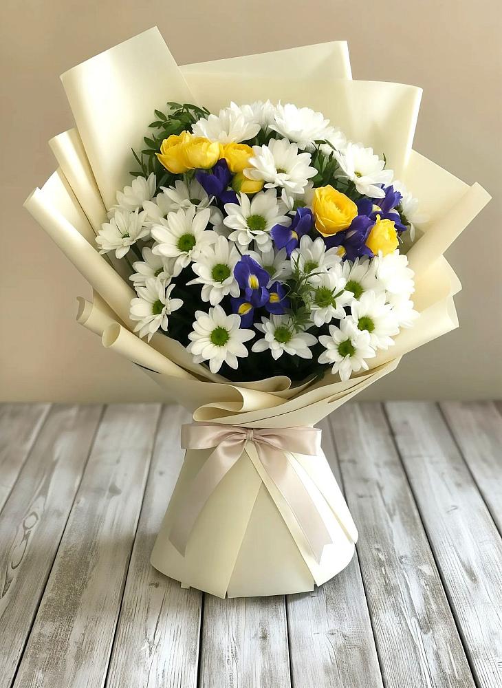 Букет цветов из: Ирисы, Хризантемы и Розы в Посёлок санатория «Подмосковье»